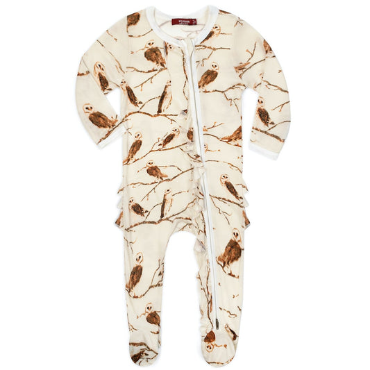 Owl Bamboo Ruffle Zipper Footed Romper by Milkbarn Kids