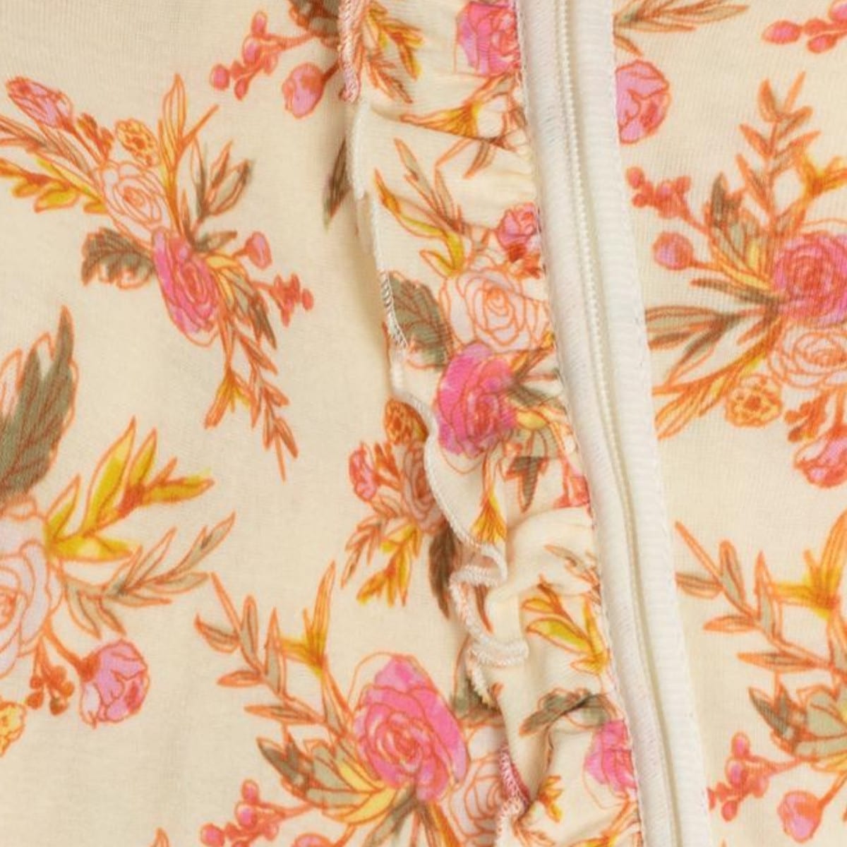 Vintage Floral Organic Zipper Footed Romper Front Detail