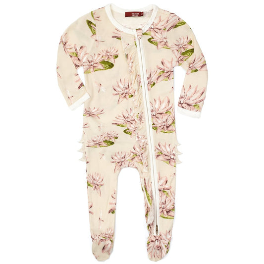 Water Lily Bamboo Ruffle Zipper Footed Romper by Milkbarn Kids