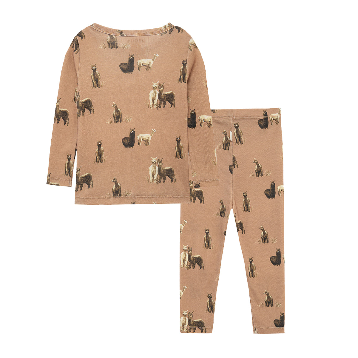 Back view of alpaca print organic cotton kids two piece pajamas with top and pants