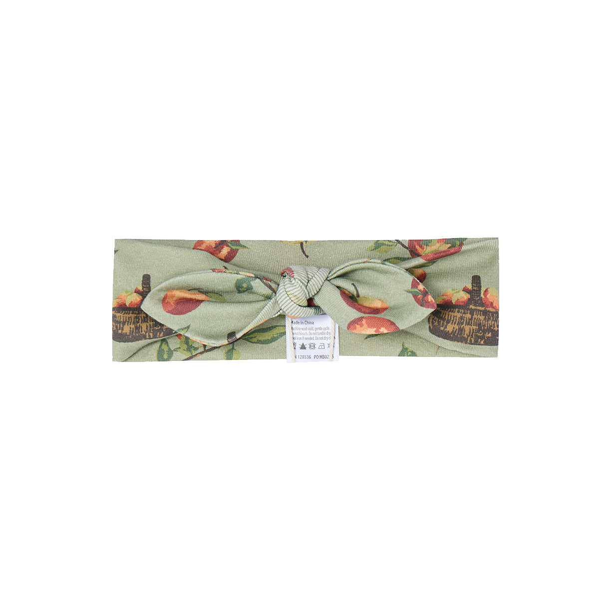 Baby girl organic cotton knotted bow headband, green fabric with red apples and apple picking basket, fall themed