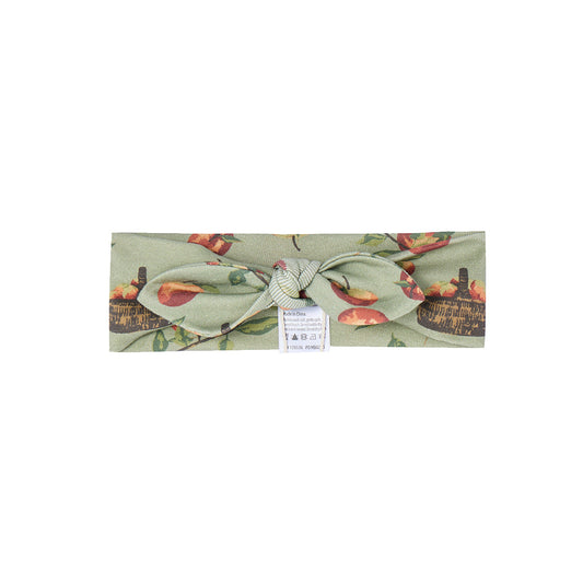 Baby girl organic cotton knotted bow headband, green fabric with red apples and apple picking basket, fall themed