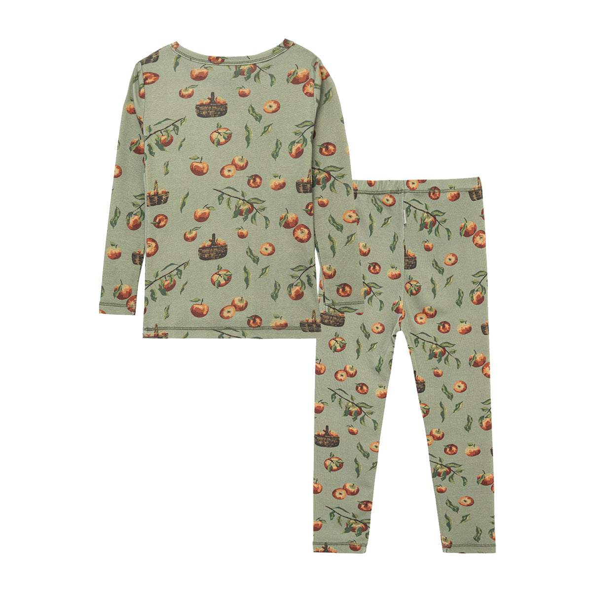 Back view of apple orchard print organic cotton kids pajamas, two piece long sleeve set