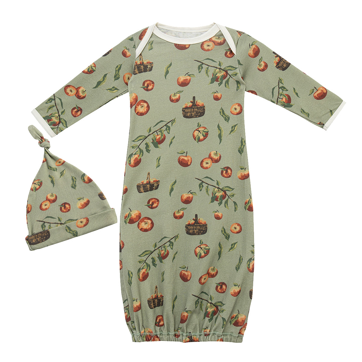 Organic cotton newborn gown and hat set with red and green apple orchard print, eco-friendly and soft, perfect baby shower gift