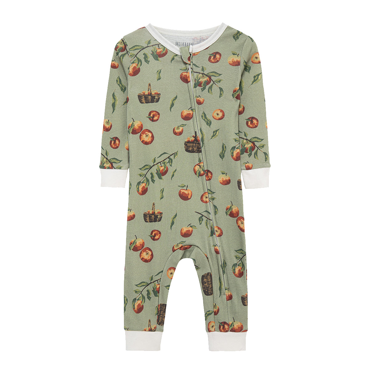 Milkbarn Apple Orchard Organic Cotton Zipper Pajama for babies, soft and breathable 100% organic cotton with playful apple orchard pattern, gentle on skin and perfect for sleep and play