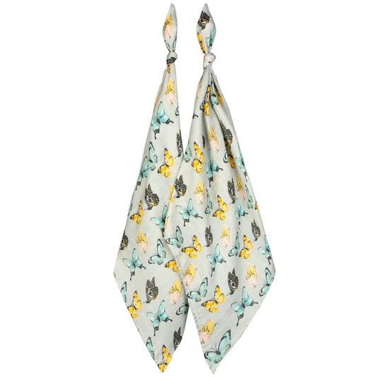 Two-piece bamboo muslin baby burp cloth set with blue, yellow, and black butterfly prints, soft and absorbent for newborns, ideal for baby shower gifts