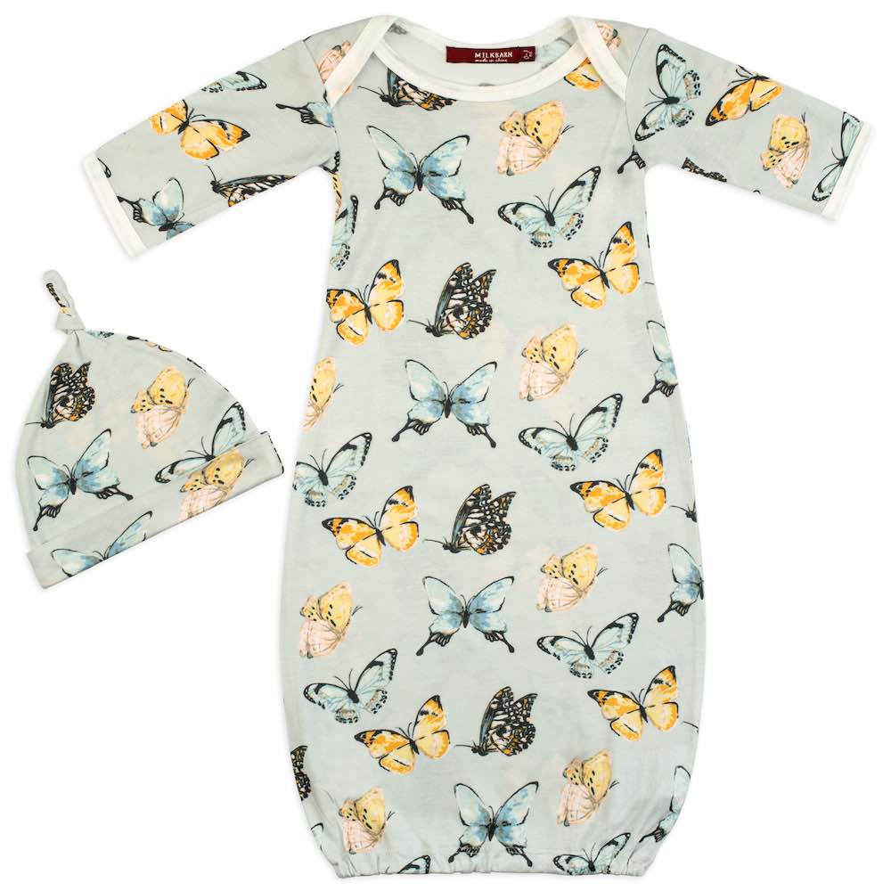 Bamboo newborn gown and hat set with monarch butterfly print in black, yellow, and blue, soft and breathable, perfect baby shower gift