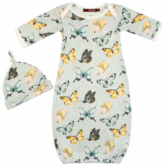 Bamboo newborn gown and hat set with monarch butterfly print in black, yellow, and blue, soft and breathable, perfect baby shower gift