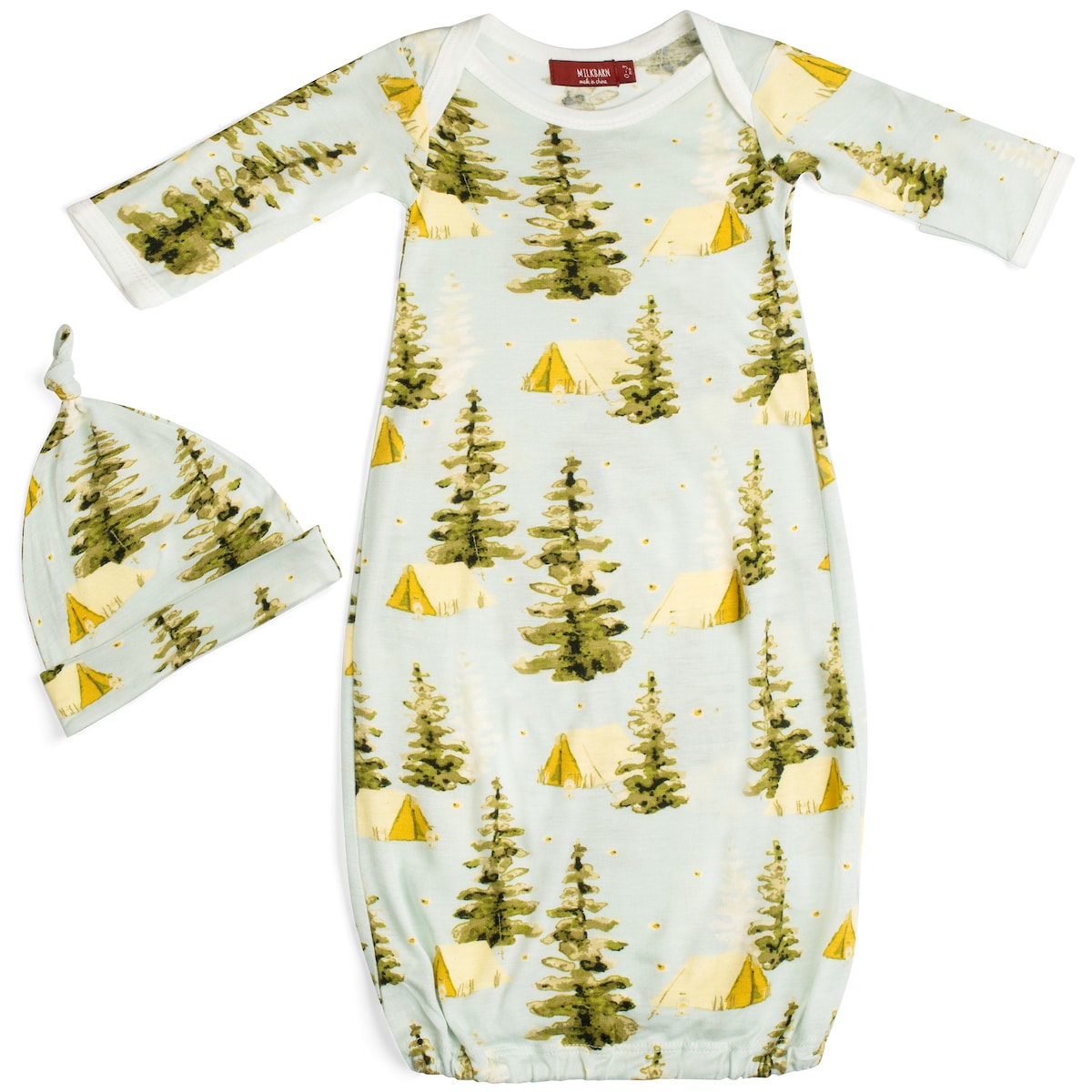 Bamboo newborn gown and hat set with camping theme featuring tents and forest design, breathable and cozy, perfect adventure-themed baby gift