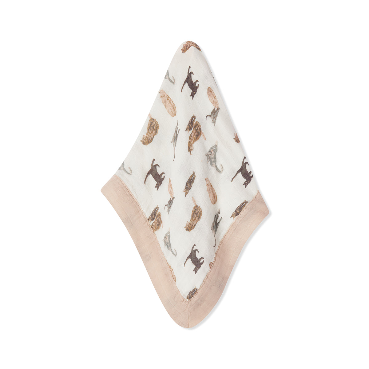 Cat Bamboo Mini Lovey two-layer muslin security blanket hanging, soft bamboo cotton fabric, white base with playful cat print and cream trim