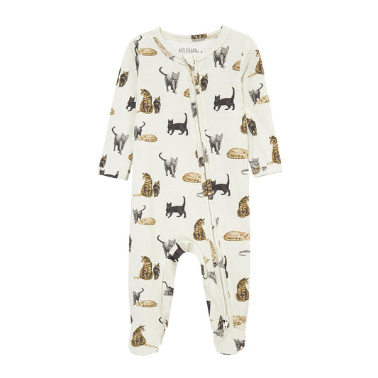 Milkbarn Cat Cotton Stretch Footie Pajamas for babies in white, made of soft and stretchy cotton blend with playful cat pattern, gentle on skin and comfortable for sleep and play
