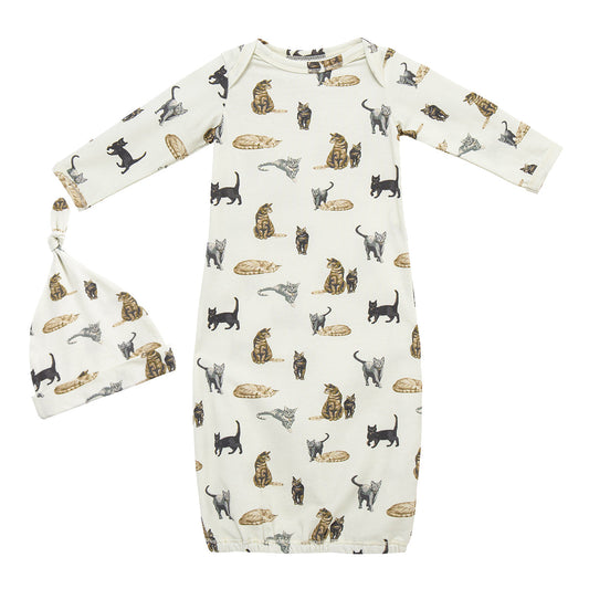 Cotton stretch newborn gown and hat set with cute cat and kitty print, cozy and gentle on skin, perfect baby gift for newborns