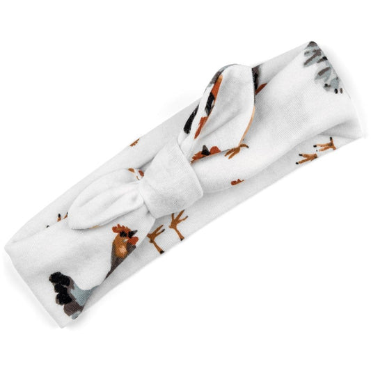 Organic cotton chicken print baby girl knotted bow headband, white fabric with rooster and chicken farm theme