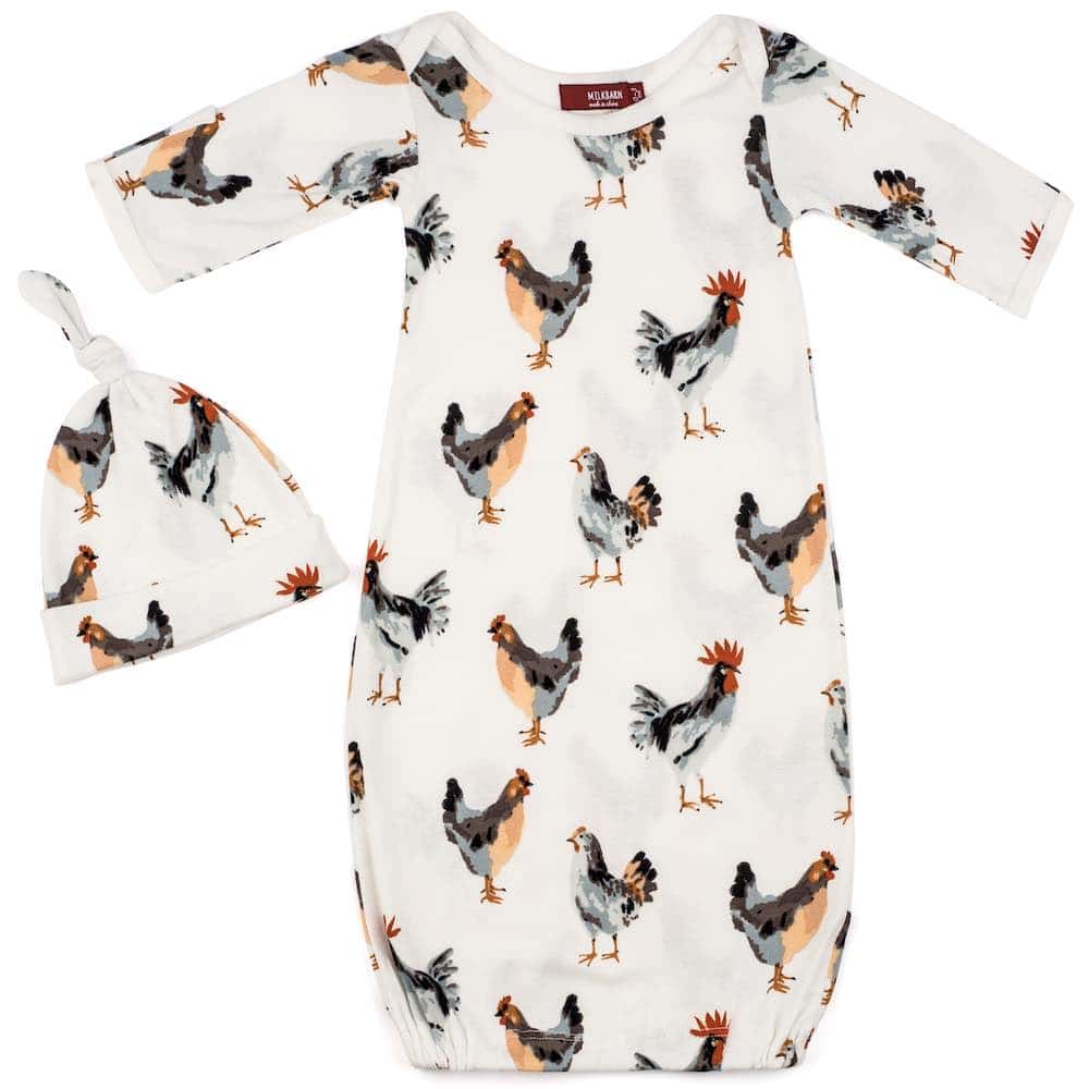 Organic cotton newborn gown and hat set with white chicken and rooster design, eco-friendly and gentle, perfect for newborns and baby gifts
