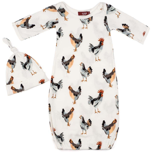 Organic cotton newborn gown and hat set with white chicken and rooster design, eco-friendly and gentle, perfect for newborns and baby gifts