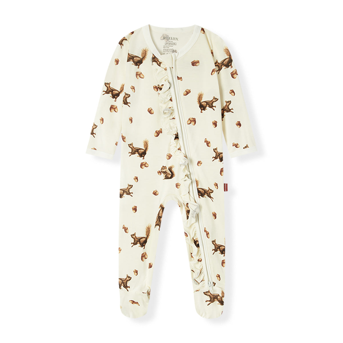 Chipmunk Luxe stretch ruffle bamboo footed romper (footie pajamas) for baby girls, soft, flexible, and gentle on sensitive skin