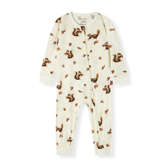 Milkbarn Chipmunk Luxe Stretch Zipper Pajama for babies in cream, made of soft and breathable bamboo blend with playful chipmunk pattern, gentle on skin and comfortable for sleep and play, unisex design