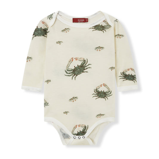 Soft and breathable bamboo long sleeve baby one piece in white with green crab print, beach theme