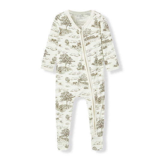Milkbarn Country Toile Luxe Stretch Footie Pajamas for babies in white, made of soft and breathable bamboo blend with intricate country toile pattern, gentle on skin and comfortable for sleep and play