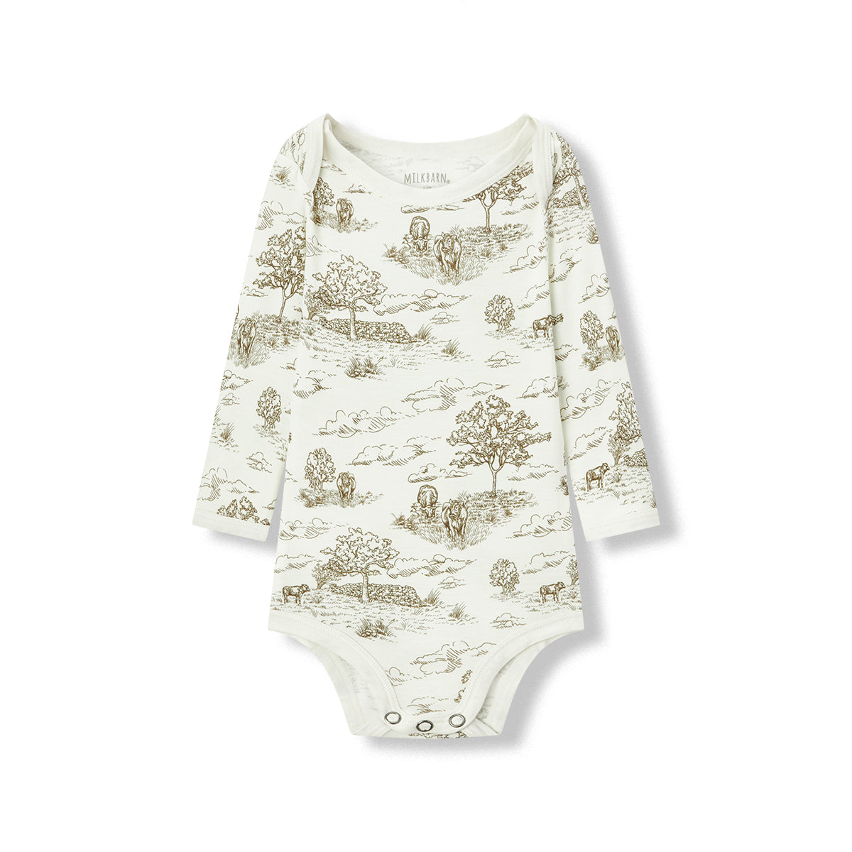 Soft and stretchy Luxe Stretch long sleeve baby one piece in white with country toile cow print viscose from bamboo, hypoallergenic