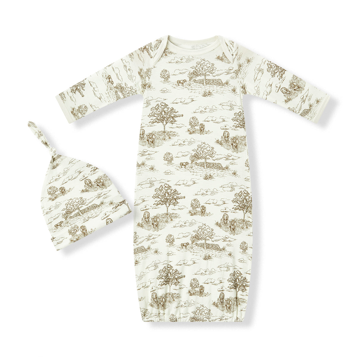 Luxe stretch newborn gown and hat set with countryside toile design featuring cows, soft and comfortable, great newborn baby gift