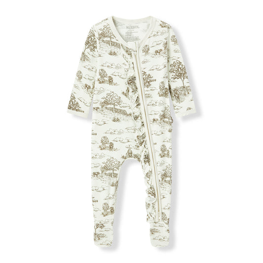 Milkbarn Country Toile Luxe Stretch Ruffle Footed Pajamas for baby girls in white, made of soft and breathable bamboo blend with intricate country toile pattern, gentle on skin and comfortable for sleep and play