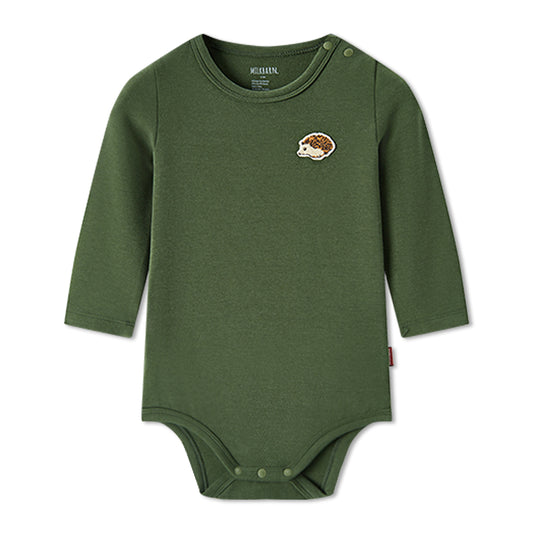 Soft and stretchy brushed blend long sleeve baby one piece in dark green with hedgehog print, bamboo cotton spandex