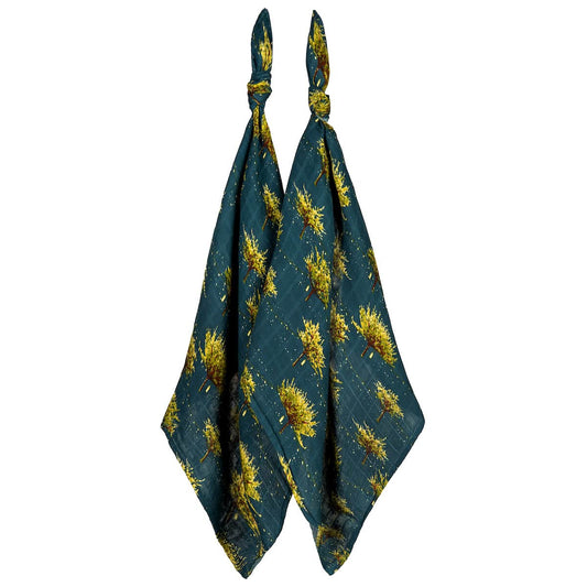 Two-piece bamboo muslin baby burp cloth set with dark blue and light green firefly design, soft and gentle for newborns, perfect for cozy nighttime baby care