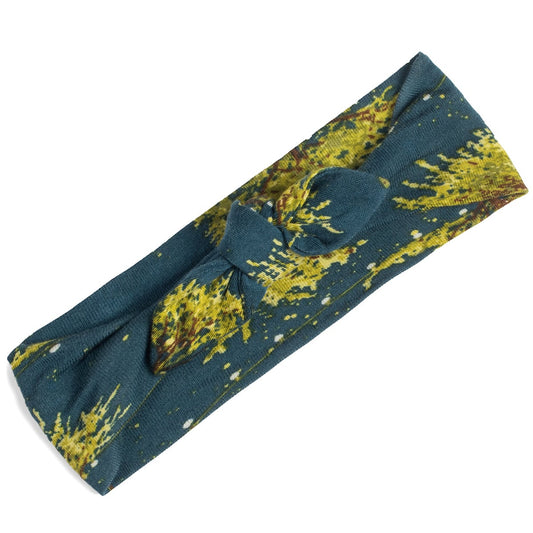 Baby girl bamboo knotted bow headband, dark blue fabric with trees and whimsical firefly lights