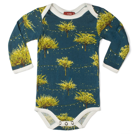Soft and breathable bamboo long sleeve baby one piece in dark blue with glowing firefly print