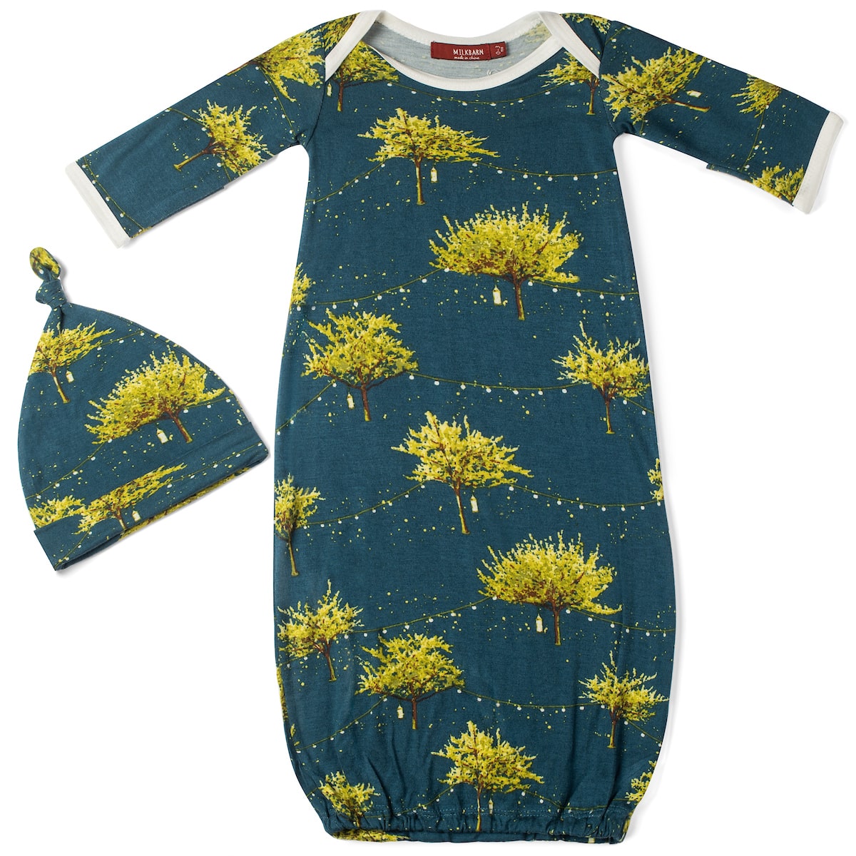 Bamboo newborn gown and hat set with dark blue firefly and lantern design, soft and breathable, cozy baby gift for newborns