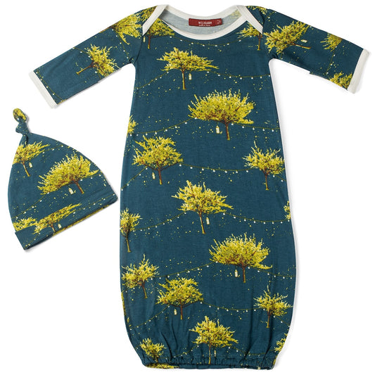 Bamboo newborn gown and hat set with dark blue firefly and lantern design, soft and breathable, cozy baby gift for newborns