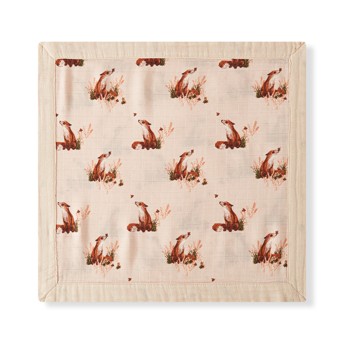 Flat Floral Fox Mini Lovey two-layer muslin security blanket in pink with fox design by Milkbarn