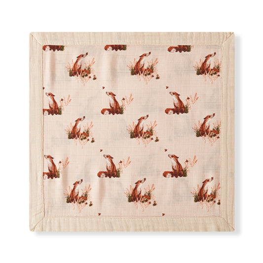 Flat Floral Fox Mini Lovey two-layer muslin security blanket in pink with fox design by Milkbarn