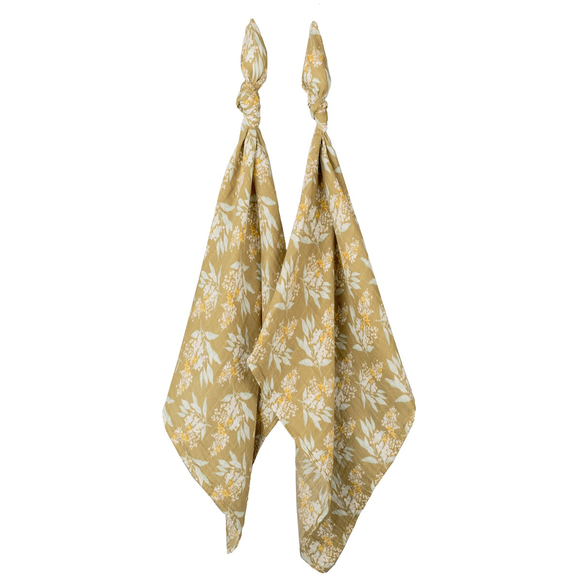 Two-piece organic cotton muslin baby burp cloth set with gold, yellow, and white floral design, soft and absorbent for newborns, perfect for baby gifts