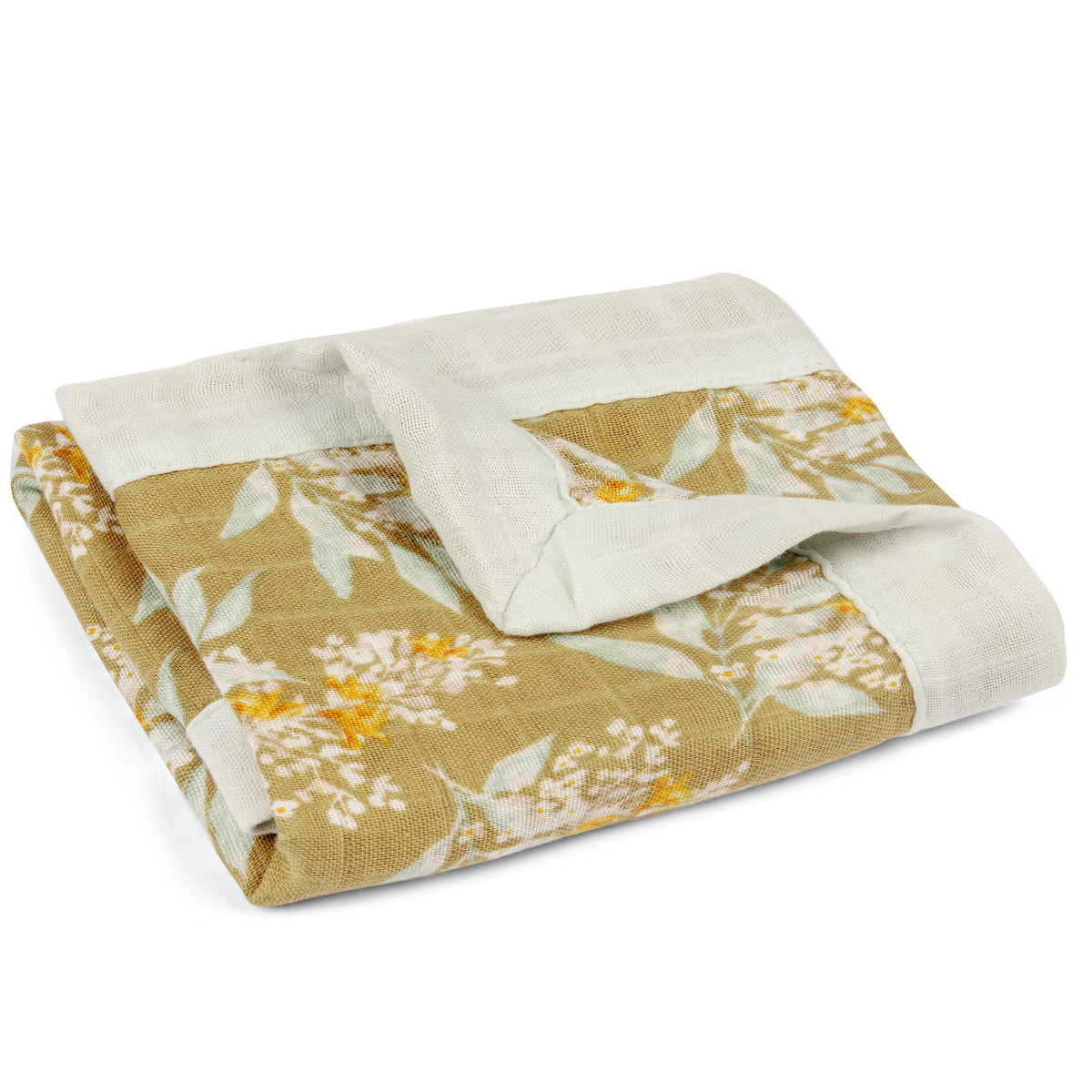 Closeup of folded up Gold Floral Mini Lovey muslin floral fabric and trim