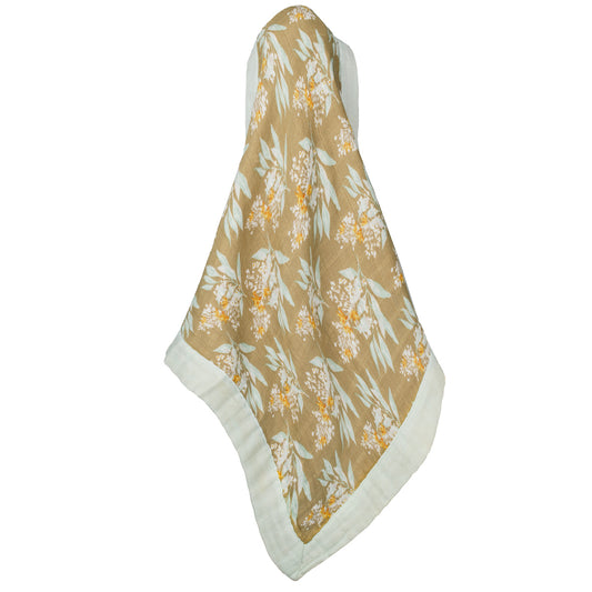 Hanging Gold Floral Mini Lovey two-layer muslin security blanket with floral print and white trim by Milkbarn