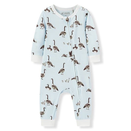 Milkbarn Goose Luxe Stretch Zipper Pajama for babies, soft and breathable bamboo blend with playful goose pattern, gentle on skin and comfortable for sleep and play