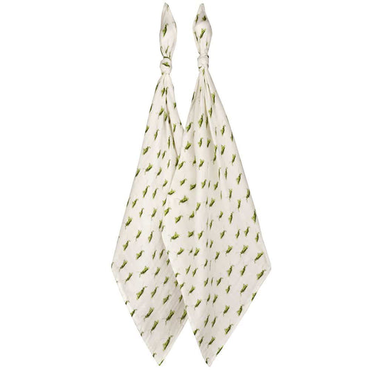 Two-piece organic cotton muslin baby burp cloth set with white and green grasshopper design, soft and breathable for newborns and perfect for baby shower gifts