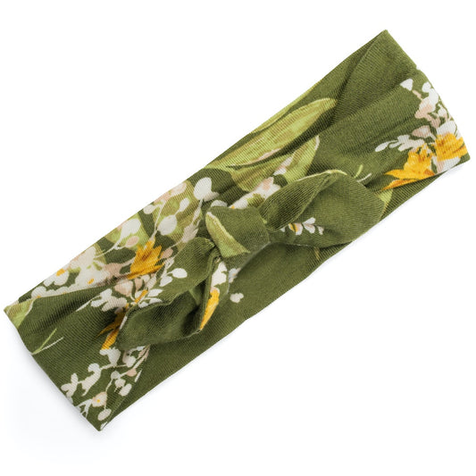Alt: Soft bamboo baby girl knotted bow headband, green floral print with white and yellow flowers