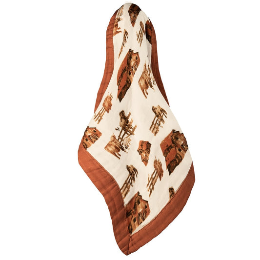 Hanging Homestead Mini Lovey two-layer muslin security blanket with farm print and dark red trim by Milkbarn