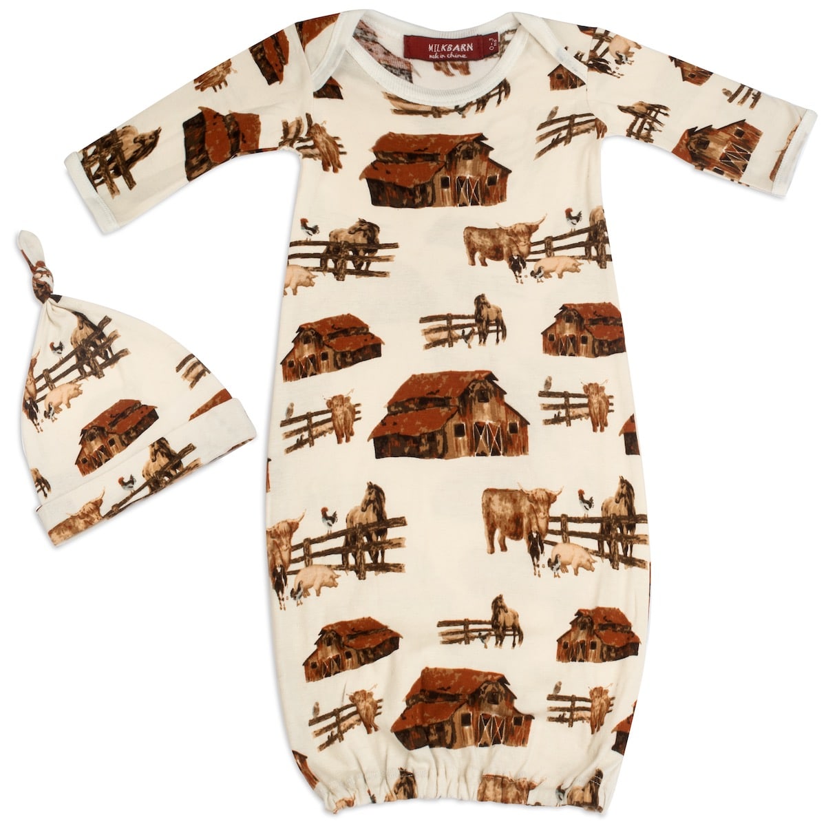 Organic cotton newborn gown and hat set with farm animal and barn design, eco-friendly and gentle baby gift for newborns