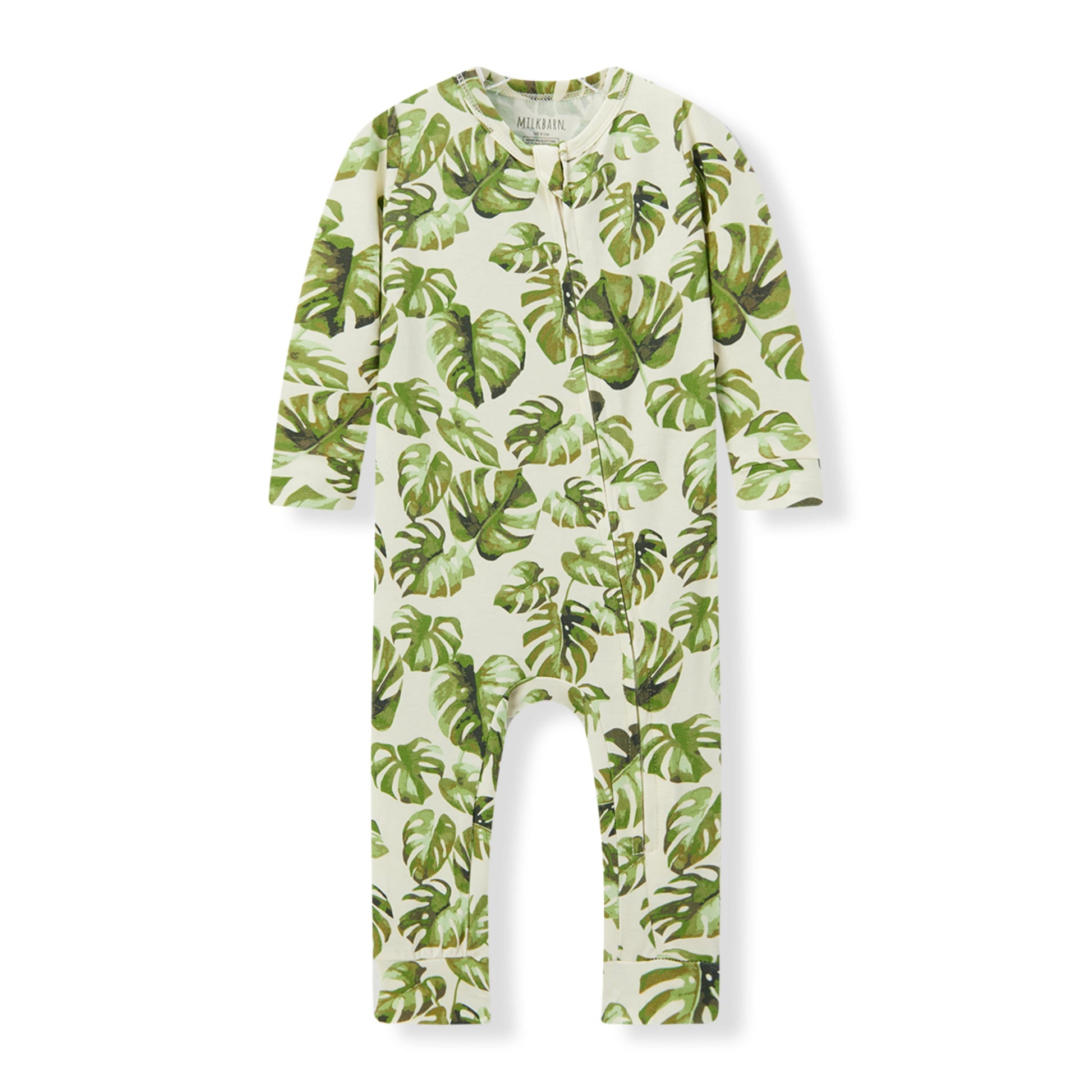 Milkbarn Island Leaf Cotton Stretch Zipper Pajama for babies, made of soft and stretchy cotton blend with playful leaf pattern, gentle on skin and comfortable for sleep and play
