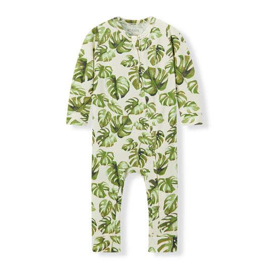 Milkbarn Island Leaf Cotton Stretch Zipper Pajama for babies, made of soft and stretchy cotton blend with playful leaf pattern, gentle on skin and comfortable for sleep and play