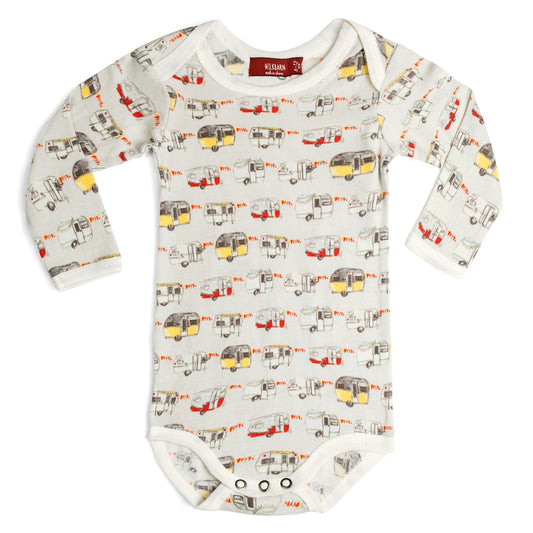 Milkbarn baby boy long sleeve one piece in grey vintage trailer print, eco-friendly 100% organic cotton bodysuit for infants and toddlers