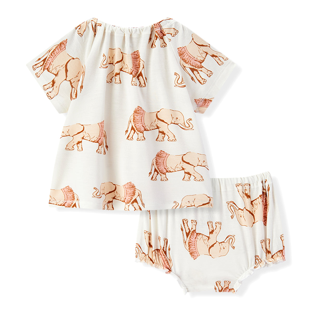 Back view of Milkbarn organic baby girl bamboo dress and bloomer outfit set in Tutu Elephant print with pink elephants in tutus