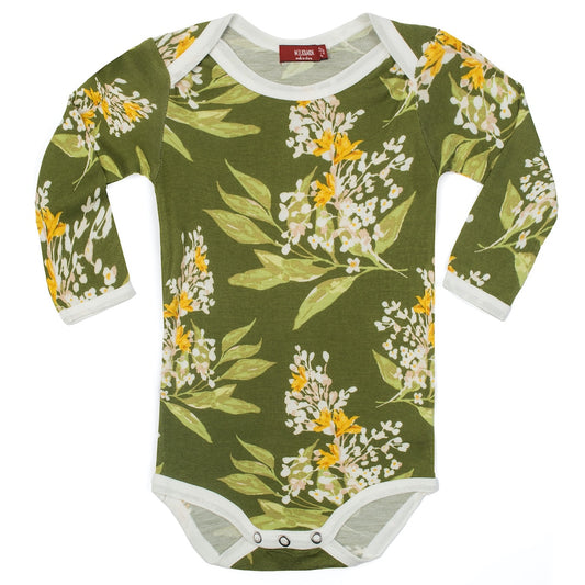 Milkbarn baby long sleeve one piece in green bamboo fabric with yellow floral print, lightweight and breathable 100% viscose from bamboo for infants and toddlers