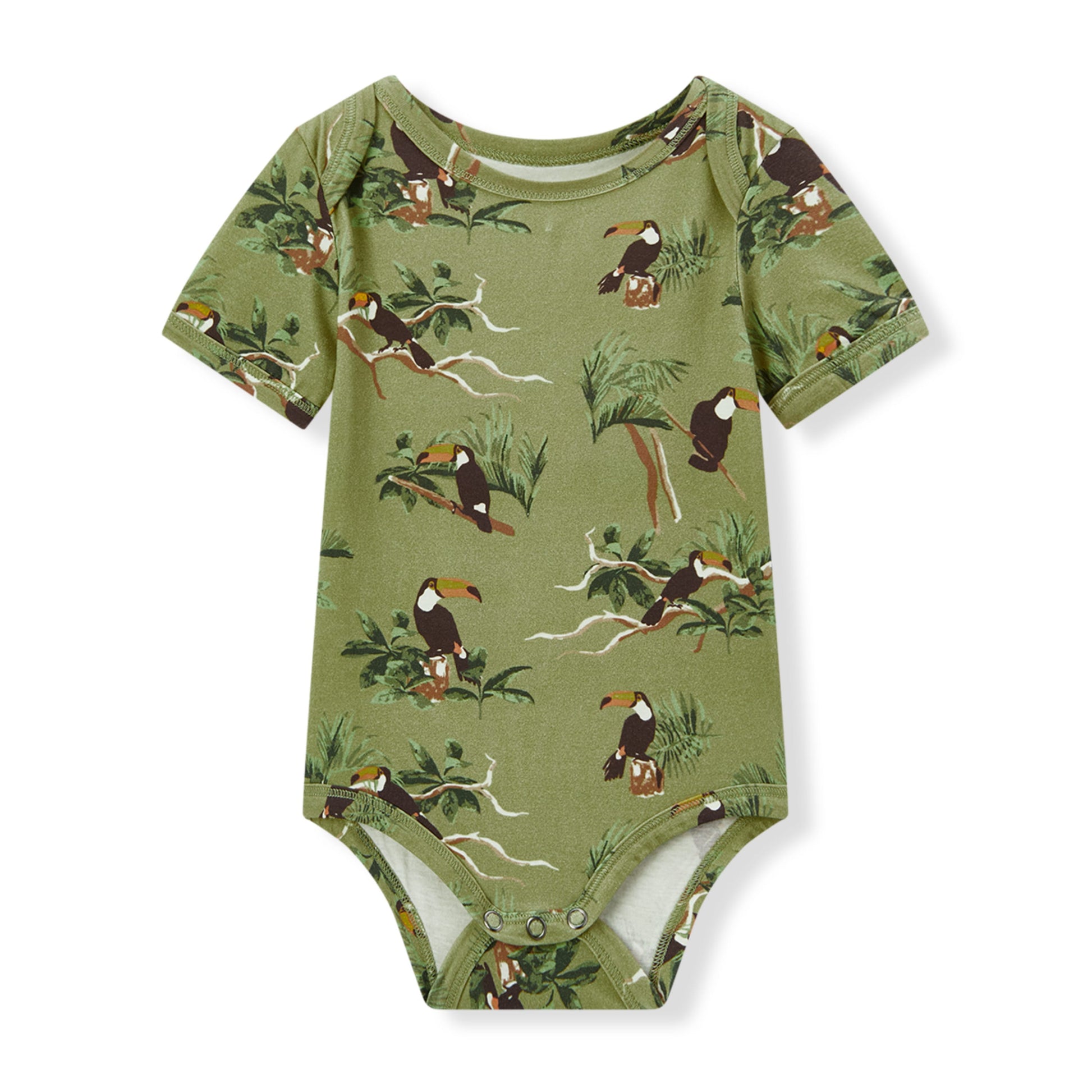 Milkbarn baby short sleeve one piece in dark green toucan and bird print, soft and stretchy 95% organic cotton 5% spandex (Cotton Stretch) for infants and toddlers