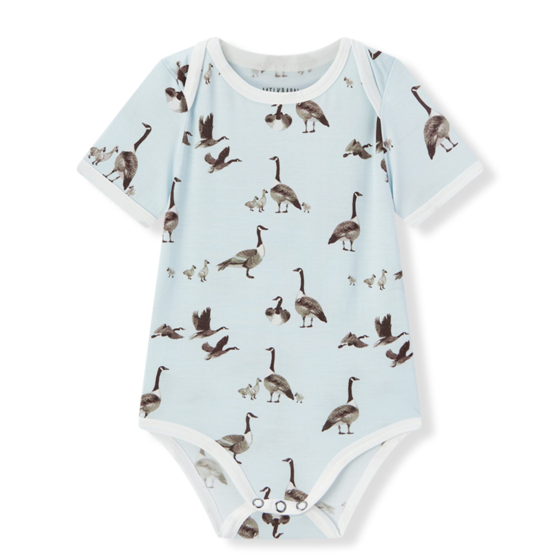 Milkbarn baby short sleeve one piece in light blue goose print, soft and stretchy 95% viscose bamboo 5% spandex (Luxe Stretch) for infants and toddlers