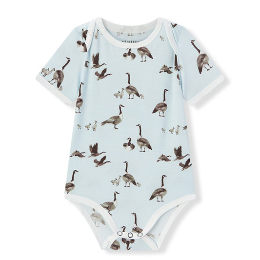Milkbarn baby short sleeve one piece in light blue goose print, soft and stretchy 95% viscose bamboo 5% spandex (Luxe Stretch) for infants and toddlers